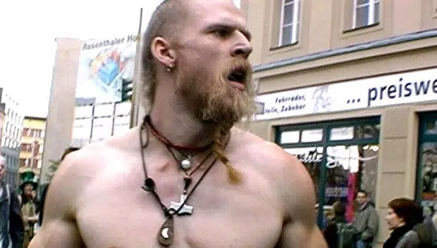 Techno Viking looking over his left shoulder.